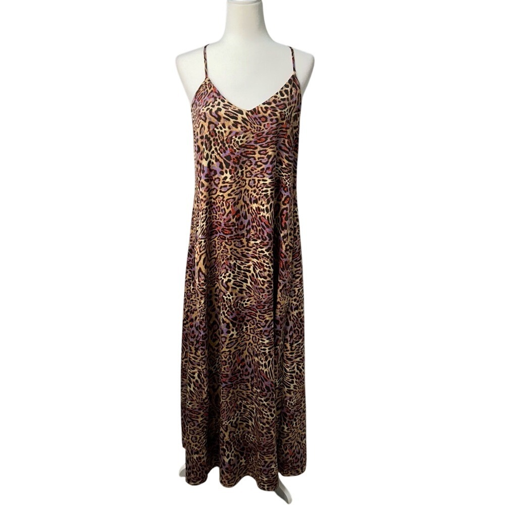 Nicole Miller Leopard Print Spaghetti Strap Satin Slip Dress Size Small Pockets